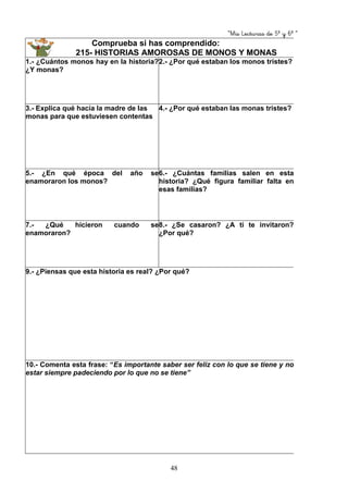 “Mis Lecturas de 5º y 6º “
48
Comprueba si has comprendido:
215- HISTORIAS AMOROSAS DE MONOS Y MONAS
1.- ¿Cuántos monos hay en la historia?
¿Y monas?
2.- ¿Por qué estaban los monos tristes?
3.- Explica qué hacía la madre de las
monas para que estuviesen contentas
4.- ¿Por qué estaban las monas tristes?
5.- ¿En qué época del año se
enamoraron los monos?
6.- ¿Cuántas familias salen en esta
historia? ¿Qué figura familiar falta en
esas familias?
7.- ¿Qué hicieron cuando se
enamoraron?
8.- ¿Se casaron? ¿A ti te invitaron?
¿Por qué?
9.- ¿Piensas que esta historia es real? ¿Por qué?
10.- Comenta esta frase: “Es importante saber ser feliz con lo que se tiene y no
estar siempre padeciendo por lo que no se tiene”
 
