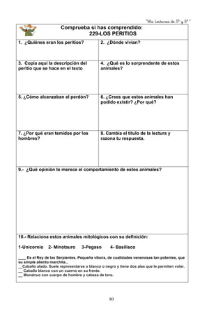 “Mis Lecturas de 5º y 6º “
80
Comprueba si has comprendido:
229-LOS PERITIOS
1. ¿Quiénes eran los peritios? 2. ¿Dónde vivían?
3. Copia aquí la descripción del
peritio que se hace en el texto
4. ¿Qué es lo sorprendente de estos
animales?
5. ¿Cómo alcanzaban el perdón? 6. ¿Crees que estos animales han
podido existir? ¿Por qué?
7. ¿Por qué eran temidos por los
hombres?
8. Cambia el título de la lectura y
razona tu respuesta.
9.- ¿Qué opinión te merece el comportamiento de estos animales?
10.- Relaciona estos animales mitológicos con su definición:
1-Unicornio 2- Minotauro 3-Pegaso 4- Basilisco
___ Es el Rey de las Serpientes. Pequeña víbora, de cualidades venenosas tan potentes, que
su simple aliento marchita...
__Caballo alado. Suele representarse o blanco o negro y tiene dos alas que le permiten volar.
__ Caballo blanco con un cuerno en su frente.
__ Monstruo con cuerpo de hombre y cabeza de toro.
 