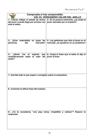 “Mis Lecturas de 5º y 6º “
96
Comprueba si has comprendido:
236- EL VERDADERO VALOR DEL ANILLO
1.- Intenta reflejar el estado de ánimo
del joven cuando llegó por primera vez
ante el sabio.
2.- En la primera entrevista, ¿se sintió el
joven atendido por el maestro?
3.- ¿Eran entendidos en joyas las
personas del mercado?
4.- Las gestiones que hizo el joven en el
mercado, ¿le ayudaron en su problema?
5.- ¿Quién fue el experto que
verdaderamente sabía el valor del
anillo?
6.- Copia la frase que el sabio le dijo al
joven al final.
7.- Escribe todo lo que sepas o averigües sobre la autoestima.
8.- Comenta la última frase del maestro.
9.- ¿Tú te consideras “una joya única, irrepetible y valiosa”? Razona tu
respuesta.
 