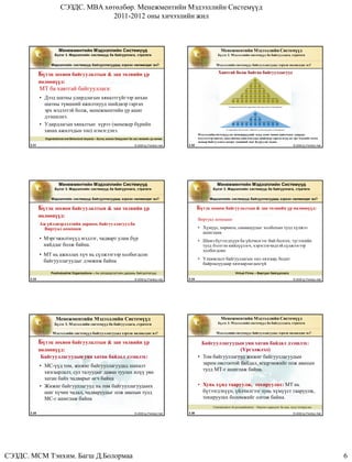 СЭЗДС. MBA хөтөлбөр. Менежментийн Мэдээллийн Системүүд
                                        2011-2012 оны хичээлийн жил



                        Менежментийн Мэдээллийн Системүүд                                                                        Менежментийн Мэдээллийн Системүүд
                     Бүлэг 3. Мэдээллийн системүүд ба байгууллага, стратеги                                                    Бүлэг 3. Мэдээллийн системүүд ба байгууллага, стратеги

                   Мэдээллийн системүүд байгууллагуудад хэрхэн нөлөөлдөг вэ?                                                  Мэдээллийн системүүд байгууллагуудад хэрхэн нөлөөлдөг вэ?

             Бүтэц зохион байгуулалтын & зан төлвийн үр                                                                        Хавтгай болж байгаа байгууллагууд

             нөлөөнүүд:
             МТ ба хавтгай байгууллага:
             • Дээд шатны удирдлагын хяналтгүйгээр анхан
               шатны түвшний ажилтнууд шийдвэр гаргах
               эрх мэдэлтэй болж, менежментийн үр ашиг
               дээшилнэ.
             • Удирдлагын хяналтын хүрээ (менежер бүрийн
               хянах ажилчдын тоо) нэмэгдэнэ.
                                                                                                                  Мэдээллийн системүүд нь менежерүүдийг илүү олон тооны ажилчдыг удирдах
               Organizational and Behavioral Impacts – Бүтэц зохион байуулалт ба зан төлвийн үр нөлөө             мэдээллээр хангах, доод шатны ажилтнуудад шийдвэр гаргах илүү их эрх мэдлийг олгох
                                                                                                                  замаар байгууллага доторх түвшний тоог бууруулж чадна
      3.31                                                                       © 2006 by Prentice Hall   3.32                                                                         © 2006 by Prentice Hall




                        Менежментийн Мэдээллийн Системүүд                                                                      Менежментийн Мэдээллийн Системүүд
                     Бүлэг 3. Мэдээллийн системүүд ба байгууллага, стратеги                                                 Бүлэг 3. Мэдээллийн системүүд ба байгууллага, стратеги

                   Мэдээллийн системүүд байгууллагуудад хэрхэн нөлөөлдөг вэ?                                              Мэдээллийн системүүд байгууллагуудад хэрхэн нөлөөлдөг вэ?

             Бүтэц зохион байгуулалтын & зан төлвийн үр                                                           Бүтэц зохион байгуулалтын & зан төлвийн үр нөлөөнүүд:
             нөлөөнүүд:
                                                                                                                  Виртуал компани:
             Аж үйлдвэрлэлтийн дараахь байгууллагууд ба
               Виртуал компани                                                                                    • Хүмүүс, хөрөнгө, санаануудыг холбохын тулд сүлжээ
                                                                                                                    ашиглана
             • Мэргэжилтнүүд мэдлэг, чадварт улам бүр                                                             • Шинэ бүтээгдхүүн ба үйлчилгээг бий болгох, түгээхийн
               найддаг болж байна.                                                                                  тулд бэлтгэн нийлүүлэгч, хэрэглэгчидтэй сүлжээгээр
                                                                                                                    холбогдоно
             • МТ нь ажиллах хүч нь сүлжээгээр холбогдсон
               байгууллагуудыг дэмжиж байна                                                                       • Уламжлалт байгууллагын хил хязгаар, бодит
                                                                                                                    байрлалуудаар хязгаарлагдахгүй
                                                  ...
                   Postindustrial Organizations – Аж үйлдвэрлэлтийн дараахь байгууллагууд:                                                  Virtual Firms – Виртуал байгууллага

      3.33                                                                       © 2006 by Prentice Hall   3.34                                                                         © 2006 by Prentice Hall




                      Менежментийн Мэдээллийн Системүүд                                                                          Менежментийн Мэдээллийн Системүүд
                     Бүлэг 3. Мэдээллийн системүүд ба байгууллага, стратеги                                                    Бүлэг 3. Мэдээллийн системүүд ба байгууллага, стратеги


                    Мэдээллийн системүүд байгууллагуудад хэрхэн нөлөөлдөг вэ?                                                 Мэдээллийн системүүд байгууллагуудад хэрхэн нөлөөлдөг вэ?

             Бүтэц зохион байгуулалтын & зан төлвийн үр                                                             Байгууллагуудын уян хатан байдал дээшлэх:
             нөлөөнүүд:                                                                                                             (Үргэлжлэл)
              Байгууллагуудын уян хатан байдал дээшлэх:                                                           • Том байгууллагууд жижиг байгууллагуудын
                                                                                                                    зарим овсгоотой байдал, мэдрэмжийг олж авахын
             • МС-үүд том, жижиг байгууллагуудад шахалт
                                                                                                                    тулд МТ-г ашиглаж байна.
               хязгаарлалт, сул талуудыг даван туулах илүү уян
               хатан байх чадварыг өгч байна
             • Жижиг байгууллагууд нь том байгууллагуудынх                                                        • Хувь хүнд тааруулж, тохируулах: МТ нь
               шиг хүчин чадал, чадваруудыг олж авахын тулд                                                         бүтээгдэхүүн, үйлчилгээг хувь хүмүүст тааруулж,
               МС-г ашиглаж байна                                                                                   тохируулах боломжийг олгож байна.
                                                                                                                            Customization ба personalization – Өөртөө тааруулах ба хувь хүнд тохируулах

      3.35                                                                       © 2006 by Prentice Hall   3.36                                                                         © 2006 by Prentice Hall




СЭЗДС. МСМ Тэнхим. Багш Д.Болормаа                                                                                                                                                                                6
 