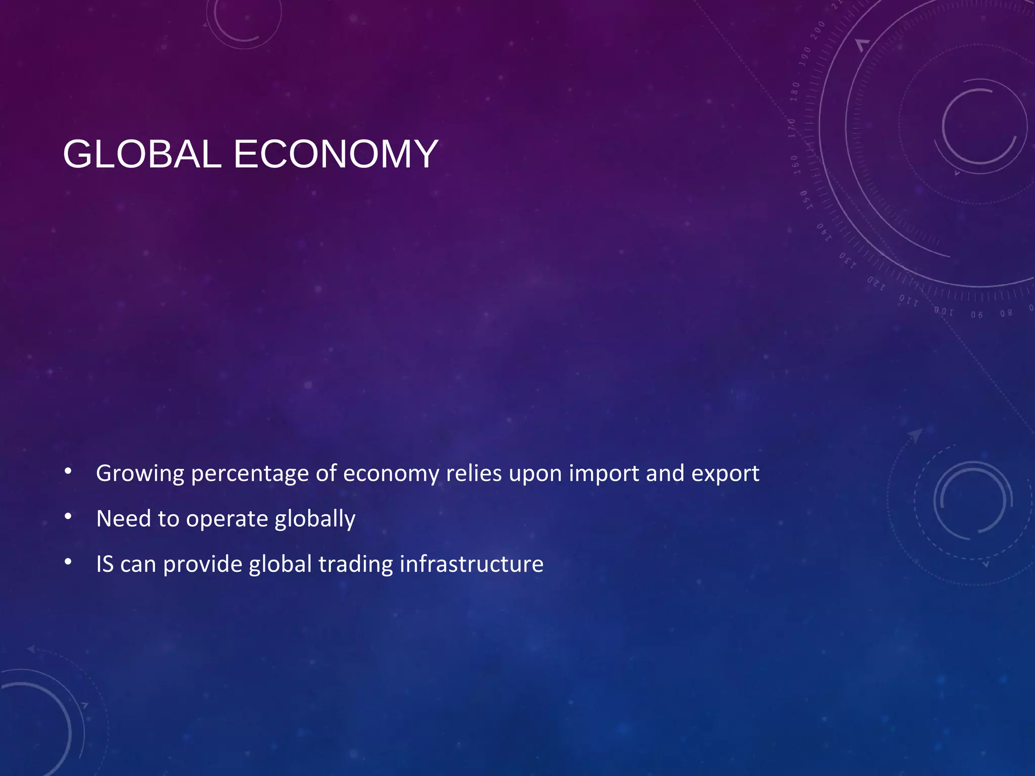 GLOBAL ECONOMY
• Growing percentage of economy relies upon import and export
• Need to operate globally
• IS can provide global trading infrastructure
 