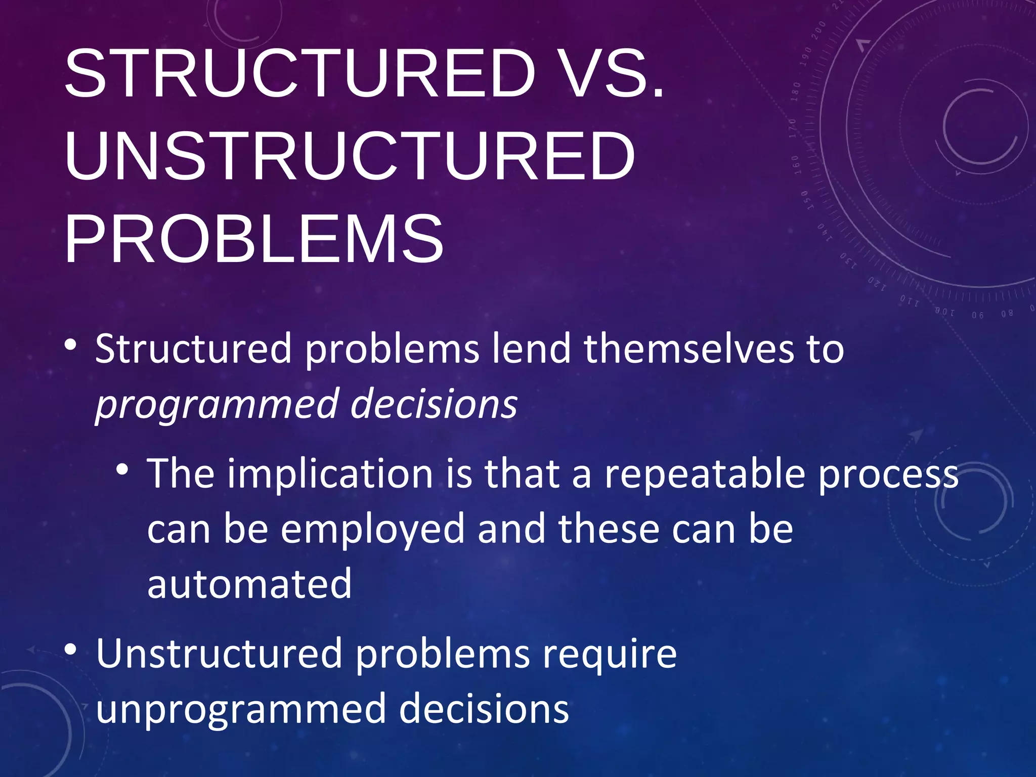 STRUCTURED VS.
UNSTRUCTURED
PROBLEMS
• Structured problems lend themselves to
programmed decisions
• The implication is that a repeatable process
can be employed and these can be
automated
• Unstructured problems require
unprogrammed decisions
 