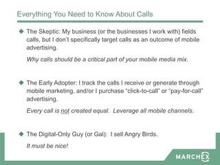 Everything You Need to Know About Calls

 The Skeptic: My business (or the businesses I work with) fields
  calls, but I don’t specifically target calls as an outcome of mobile
  advertising.
   Why calls should be a critical part of your mobile media mix.


 The Early Adopter: I track the calls I receive or generate through
  mobile marketing, and/or I purchase “click-to-call” or “pay-for-call”
  advertising.
   Every call is not created equal. Leverage all mobile channels.


 The Digital-Only Guy (or Gal): I sell Angry Birds.
   It must be nice!
 