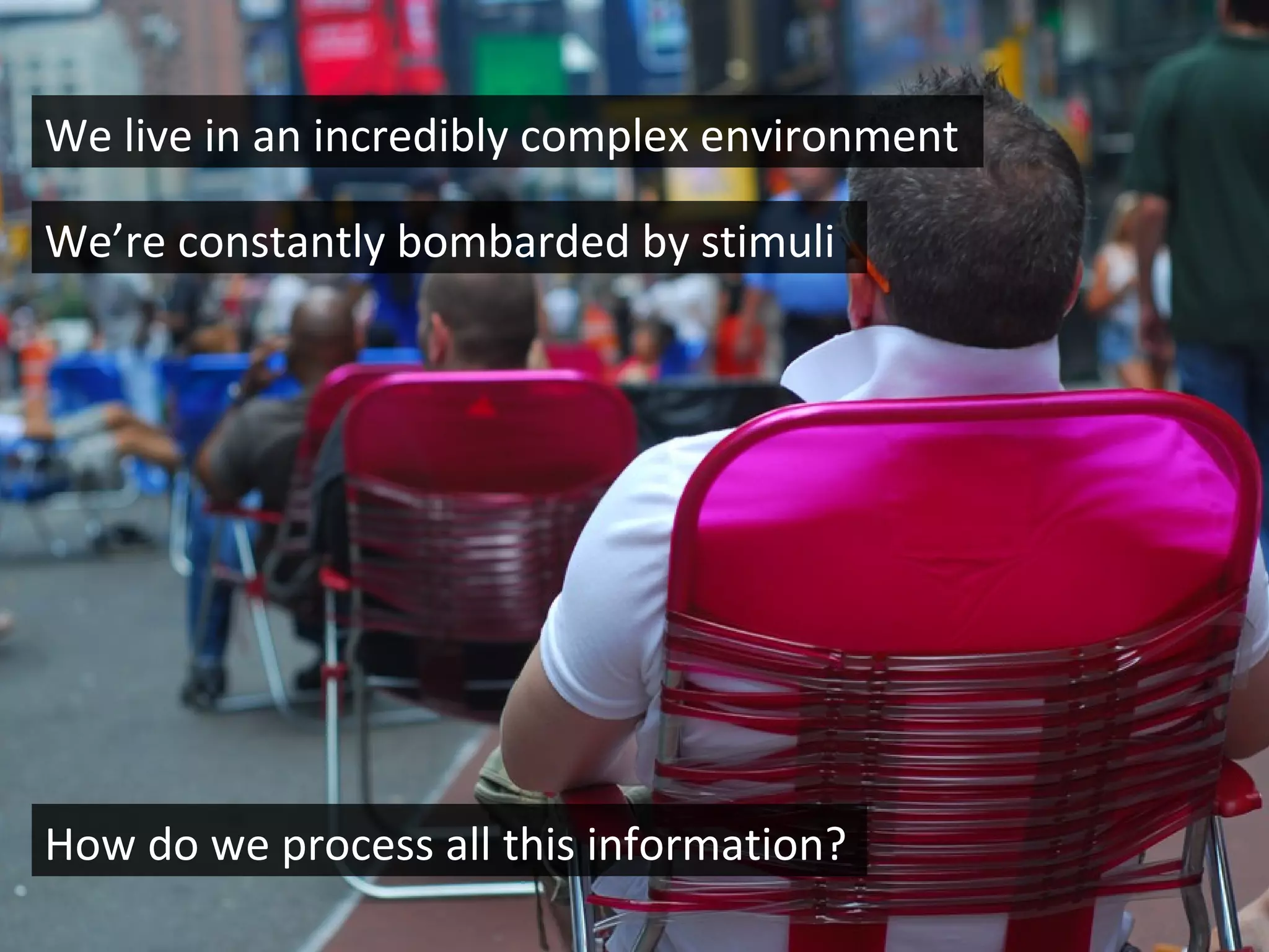 We live in an incredibly complex environment
We’re constantly bombarded by stimuli

How do we process all this information?

 