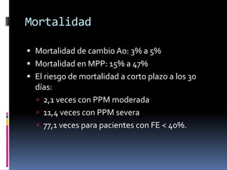 Mortalidad
•Mortalidad de cambio Ao: 3% a 5%
•Mortalidad en MPP: 15% a 47%
•El riesgo de mortalidad a corto plazo a los 30 días:
•2,1 veces con PPM moderada
•11,4 veces con PPM severa
•77,1 veces para pacientes con FE < 40%.
 