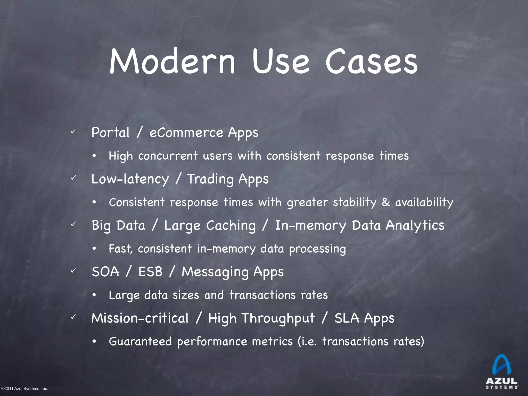 ©2011 Azul Systems, Inc.	
 	
 	
 	
 	
 	
Modern Use Cases
ü Portal / eCommerce Apps
• High concurrent users with consistent response times
ü Low-latency / Trading Apps
• Consistent response times with greater stability & availability
ü Big Data / Large Caching / In-memory Data Analytics
• Fast, consistent in-memory data processing
ü SOA / ESB / Messaging Apps
• Large data sizes and transactions rates
ü Mission-critical / High Throughput / SLA Apps
• Guaranteed performance metrics (i.e. transactions rates)
 