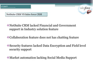 CONT………..


   NetSuite CRM VS Sales force CRM



   NetSuite CRM lacked Financial and Government
    support in Industry solution feature

   Collaboration feature does not has chatting feature

   Security features lacked Data Encryption and Field level
    security support

   Market automation lacking Social Media Support
 