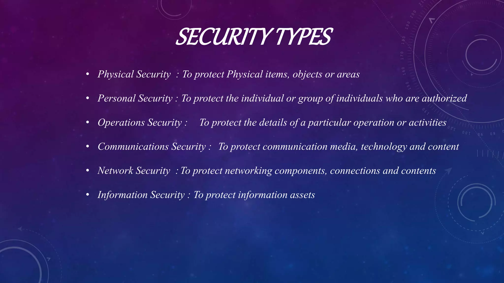 SECURITYTYPES
• Physical Security : To protect Physical items, objects or areas
• Personal Security : To protect the individual or group of individuals who are authorized
• Operations Security : To protect the details of a particular operation or activities
• Communications Security : To protect communication media, technology and content
• Network Security :To protect networking components, connections and contents
• Information Security : To protect information assets
 