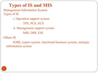 Types of IS and MIS
Management Information System
Types of IS
i. Operation support system
TPS, PCS, ECS
ii. Management support system
MIS, DSS, EIS
Others IS
KMS, expert system, functional business system, strategic
information system
9
 