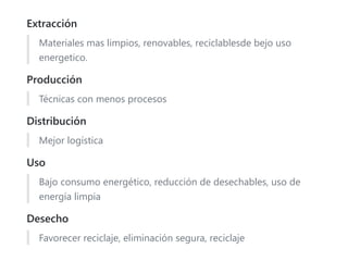 Extracción
Materiales mas limpios, renovables, reciclablesde bejo uso
energetico.
Producción
Técnicas con menos procesos
Distribución
Mejor logística
Uso
Bajo consumo energético, reducción de desechables, uso de
energía limpia
Desecho
Favorecer reciclaje, eliminación segura, reciclaje
 