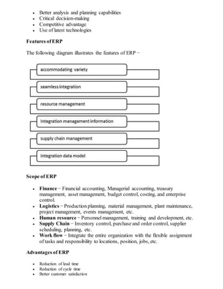  Better analysis and planning capabilities
 Critical decision-making
 Competitive advantage
 Use of latest technologies
Features ofERP
The following diagram illustrates the features of ERP −
Scope of ERP
 Finance − Financial accounting, Managerial accounting, treasury
management, asset management, budget control, costing, and enterprise
control.
 Logistics − Production planning, material management, plant maintenance,
project management, events management, etc.
 Human resource − Personnel management, training and development, etc.
 Supply Chain − Inventory control, purchase and order control, supplier
scheduling, planning, etc.
 Work flow − Integrate the entire organization with the flexible assignment
of tasks and responsibility to locations, position, jobs, etc.
Advantages of ERP
 Reduction of lead time
 Reduction of cycle time
 Better customer satisfaction
 