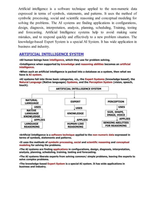 Artificial intelligence is a software technique applied to the non-numeric data
expressed in terms of symbols, statements, and patterns. It uses the method of
symbolic processing, social and scientific reasoning and conceptual modeling for
solving the problems. The AI systems are finding applications in configurations,
design, diagnosis, interpretation, analysis, planning, scheduling, Training, testing
and forecasting. Artificial Intelligence systems help to avoid making same
mistakes, and to respond quickly and effectively to a new problem situation. The
knowledge-based Expert System is a special AI System. It has wide application in
business and industry.
 