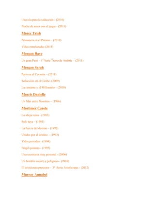 Una isla para la seducción - (2010)
Noche de amor con el jeque - (2011)
Morey Trish
Prisionera en el Paraíso – (2010)
Vidas entrelazadas (2011)
Morgan Raye
Un gran Paso – 1º Serie Trono de Ambria – (2011)
Morgan Sarah
Paris en el Corazón – (2011)
Seducción en el Caribe- (2009)
La cantante y el Millonario – (2010)
Morris Danielle
Un Mar entre Nosotros – (1996)
Mortimer Carole
La abeja reina - (1983)
Sólo tuya – (1981)
La fuerza del destino – (1992)
Unidos por el destino – (1993)
Vidas privadas - (1994)
Frágil quimera - (1995)
Una secretaria muy personal - (2006)
Un hombre oscuro y peligroso - (2010)
El aristócrata protector – 3º -Serie Aristócratas - (2012)
Murray Annabel
 