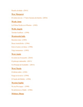 Pasado olvidado - (2011)
Way Margaret
El soltero de oro - 1º Serie Secretos de familia - (2010)
Weale Anne
La Ultima Noche en el Paraíso – (1982)
Wells Angela
Tórrido Conflicto – (1994)
Wentworth Sally
Ilusiones rotas - (1985)
Deseo insatisfecho - (1986)
Entre el amor y la fama - (1990)
Viaje tormentoso – (1993)
West Annie
Un amor en el recuerdo - (2010)
El príncipe indomable - (2011)
Un Príncipe de Escándalo – (2011)
West Nicola
El último adiós - (1992)
Fuego en la nieve - (1994)
El Sueño del Diablo – (1994)
Weston Sophie
No me Provoques – (1994)
No pertenezco a Nadie – (1986)
Whitney Diana
 
