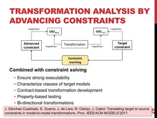 TRANSFORMATION ANALYSIS BY
ADVANCING CONSTRAINTS
29
Combined with constraint solving
• Ensure strong executability
• Characterize classes of target models
• Contract-based transformation development
• Property-based testing
• Bi-directional transformations
J. Sánchez Cuadrado, E. Guerra, J. de Lara, R. Clariso, J. Cabot. Translating target to source
constraints in model-to-model transformations. Proc. IEEE/ACM MODELS’2017.
 
