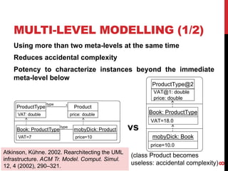 MULTI-LEVEL MODELLING (1/2)
8
Using more than two meta-levels at the same time
Reduces accidental complexity
Potency to characterize instances beyond the immediate
meta-level below
ProductType@2
VAT@1: double
price: double
Book: ProductType
VAT=18.0
price=10.0
mobyDick: Book
vs
(class Product becomes
useless: accidental complexity)
Atkinson, Kühne. 2002. Rearchitecting the UML
infrastructure. ACM Tr. Model. Comput. Simul.
12, 4 (2002), 290–321.
 