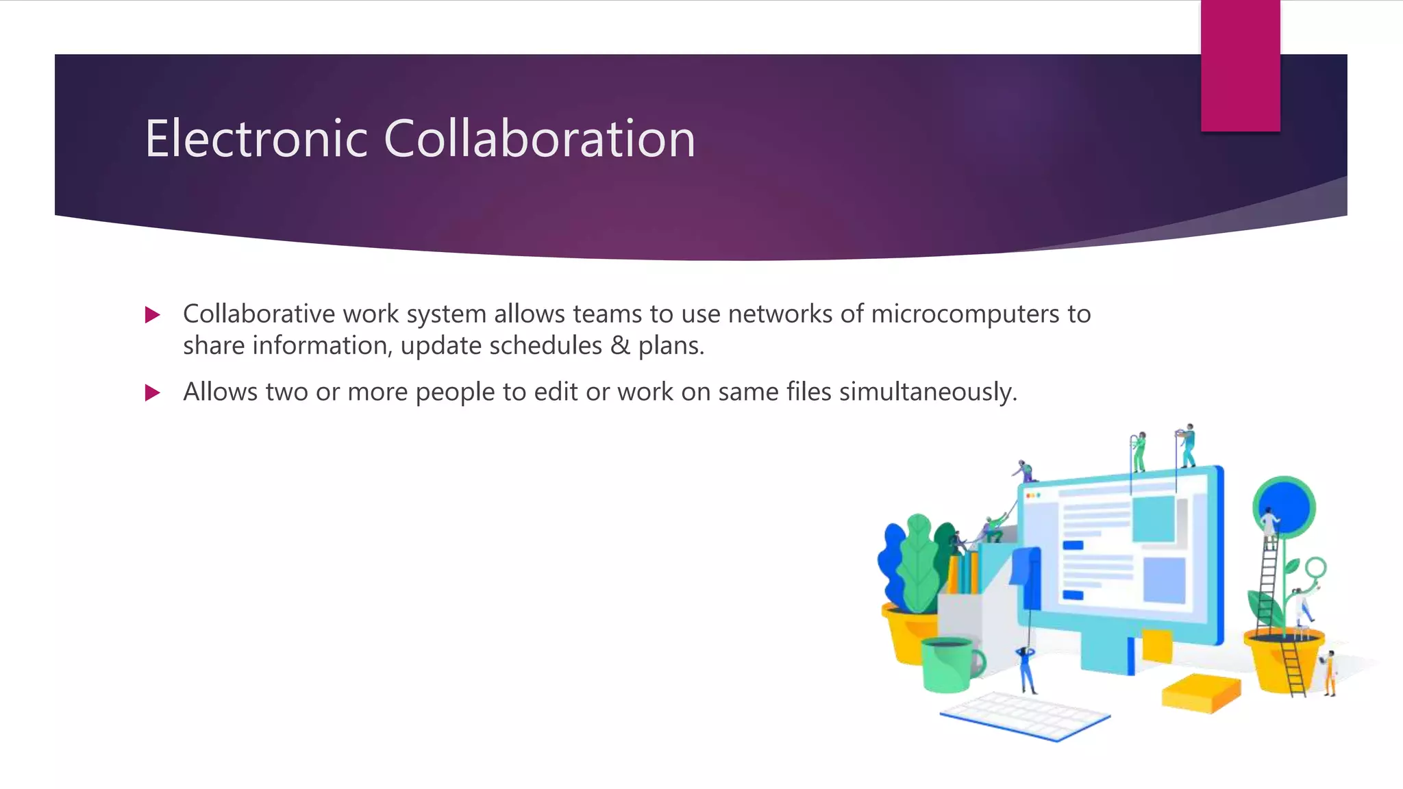 Electronic Collaboration
 Collaborative work system allows teams to use networks of microcomputers to
share information, update schedules & plans.
 Allows two or more people to edit or work on same files simultaneously.
 