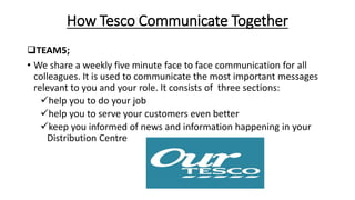 How Tesco Communicate Together
TEAM5;
• We share a weekly five minute face to face communication for all
colleagues. It is used to communicate the most important messages
relevant to you and your role. It consists of three sections:
help you to do your job
help you to serve your customers even better
keep you informed of news and information happening in your
Distribution Centre
 