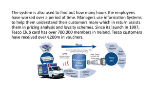 The system is also used to find out how many hours the employees
have worked over a period of time. Managers use information Systems
to help them understand their customers more which in return assists
them in pricing analysis and loyalty schemes. Since its launch in 1997,
Tesco Club card has over 700,000 members in Ireland. Tesco customers
have received over €200m in vouchers.
 