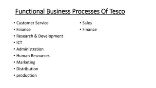 Functional Business Processes Of Tesco
• Customer Service
• Finance
• Research & Development
• ICT
• Administration
• Human Resources
• Marketing
• Distribution
• production
• Sales
• Finance
 