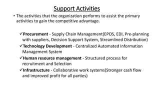 Support Activities
• The activities that the organization performs to assist the primary
activities to gain the competitive advantage.
Procurement - Supply Chain Management(EPOS, EDI, Pre-planning
with suppliers, Decision Support System, Streamlined Distribution)
Technology Development - Centralized Automated Information
Management System
Human resource management - Structured process for
recruitment and Selection
Infrastructure - Collaborative work systems(Stronger cash flow
and improved profit for all parties)
 