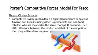 Porter’s Competitive Forces Model For Tesco
Threats Of New Entrants
• Competitive Rivalry is considered a high threat and are people like
Amazon and Asda including other supermarkets and non-food
retailers who are involved in the same concept. IF consumers see
little difference between the product and that of the competition
then they will tend to choose on price.
 