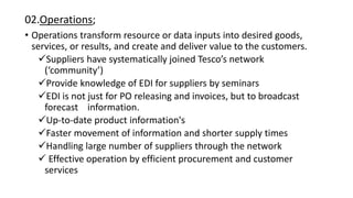 02.Operations;
• Operations transform resource or data inputs into desired goods,
services, or results, and create and deliver value to the customers.
Suppliers have systematically joined Tesco’s network
(‘community’)
Provide knowledge of EDI for suppliers by seminars
EDI is not just for PO releasing and invoices, but to broadcast
forecast information.
Up-to-date product information's
Faster movement of information and shorter supply times
Handling large number of suppliers through the network
 Effective operation by efficient procurement and customer
services
 