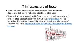 IT Infrastructure of Tesco
• Tesco will run a private cloud infrastructure from its internal
datacentre to host its website and retail related apps
• Tesco will adopt private cloud infrastructure to host its website and
retail related applications by mid-2013.The private cloud will be
hosted within its own internal datacentres which are “cloud-ready”
after the retailer’s virtualisation and datacentre consolidation projects
last year.
 