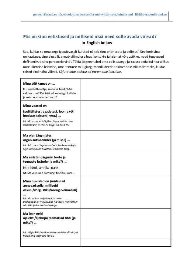 Personal branding worksheet: Your preferences (In Estonian and Englis…