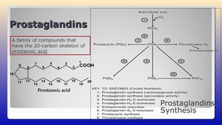 A family of compounds that
have the 20-carbon skeleton of
prostanoic acid.
Prostaglandins
Synthesis
ProstaglandinsProstaglandins
2
3
4
5
6
7
8
9
20
10
11 12
13
14
15
16
17
18
19
1
Prostanoic acid
COOH
 