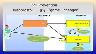 PPH Prevention:
Misoprostol the “game changer”
MCommunity
PREGNANCY
ANC
Community
Health
Worker M
DELIVERY
Health Facility
Home
M
ASHA
ASHA/HW
M
 