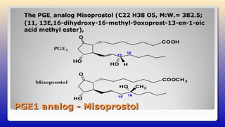 PGE1 analog - MisoprostolPGE1 analog - Misoprostol
The PGE1 analog Misoprostol (C22 H38 O5, M:W.= 382.5;
(11, 13E,16-dihydroxy-16-methyl-9oxoprost-13-en-1-oic
acid methyl ester),
1615
Misoprostol
PGE1
15
16
COOCH3
HO
O
HO
CH3
HO H
HO
O
COOH
 