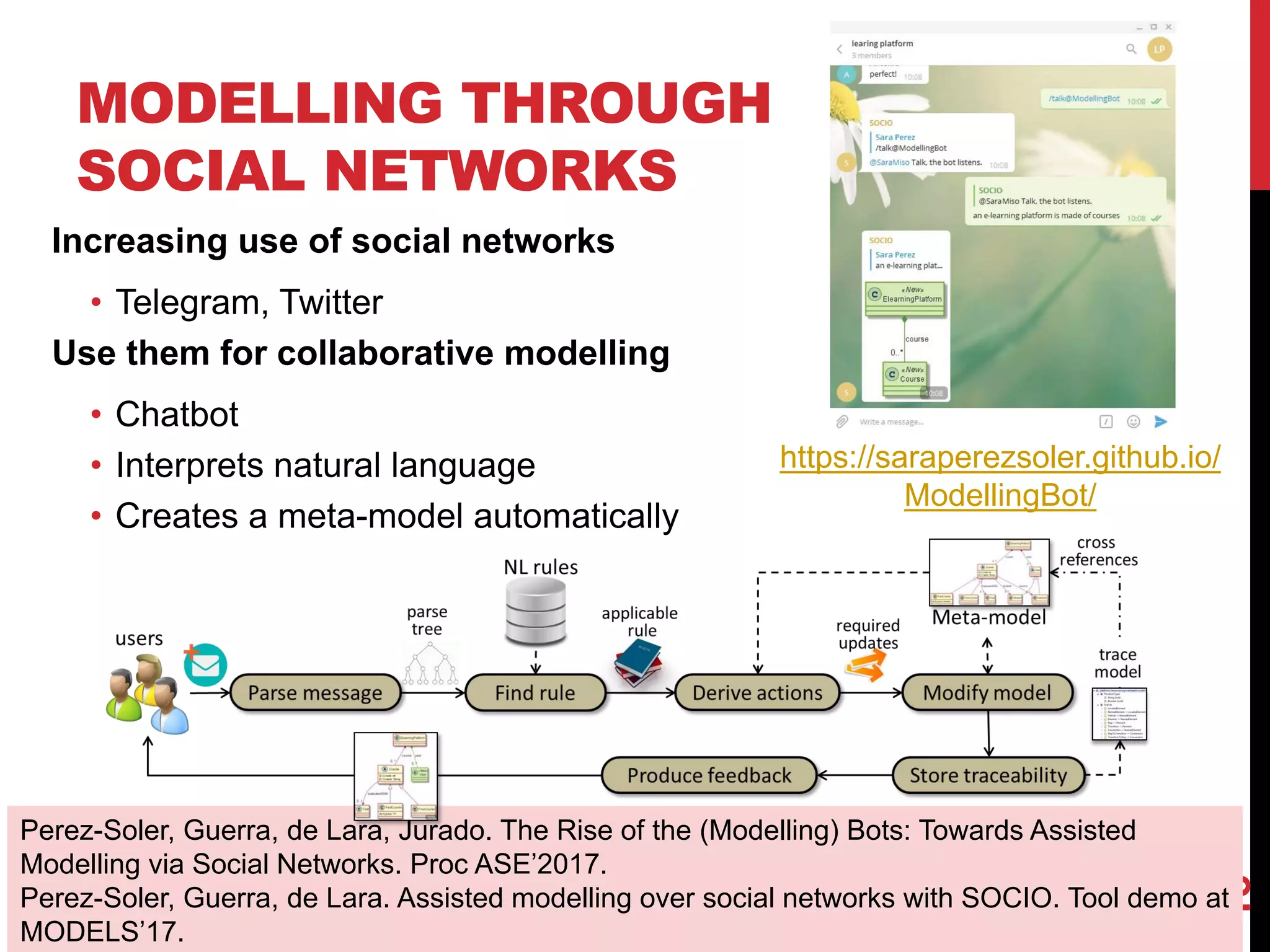 MODELLING THROUGH
SOCIAL NETWORKS
Increasing use of social networks
• Telegram, Twitter
Use them for collaborative modelling
• Chatbot
• Interprets natural language
• Creates a meta-model automatically
18
https://saraperezsoler.github.io/
ModellingBot/
Perez-Soler, Guerra, de Lara, Jurado. The Rise of the (Modelling) Bots: Towards Assisted
Modelling via Social Networks. Proc ASE’2017.
Perez-Soler, Guerra, de Lara. Assisted modelling over social networks with SOCIO. Tool demo at
MODELS’17.
 
