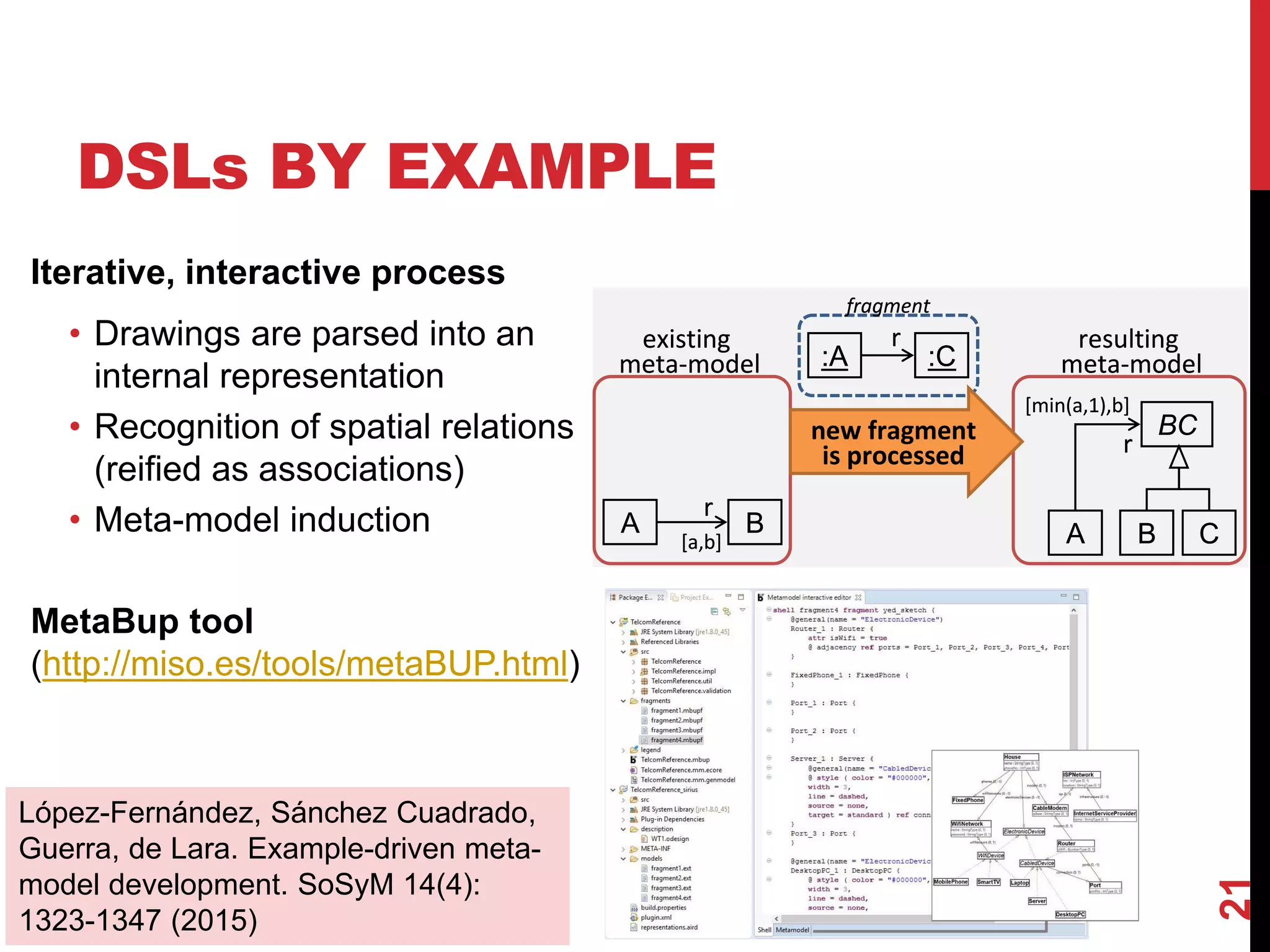 Iterative, interactive process
• Drawings are parsed into an
internal representation
• Recognition of spatial relations
(reified as associations)
• Meta-model induction
MetaBup tool
(http://miso.es/tools/metaBUP.html)
21
DSLs BY EXAMPLE
:A :C
r
A B
r
[a,b] A B
r
[min(a,1),b]
C
BC
existing
meta-model
resulting
meta-model
new fragment
is processed
fragment
:A :C
r
A B
r
[a,b] A B
r
[min(a,1),b]
C
BC
existing
meta-model
resulting
meta-model
new fragment
is processed
fragment
López-Fernández, Sánchez Cuadrado,
Guerra, de Lara. Example-driven meta-
model development. SoSyM 14(4):
1323-1347 (2015)
 