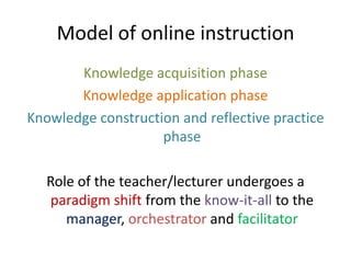 Model of online instruction
Knowledge acquisition phase
Knowledge application phase
Knowledge construction and reflective practice
phase
Role of the teacher/lecturer undergoes a
paradigm shift from the know-it-all to the
manager, orchestrator and facilitator
 