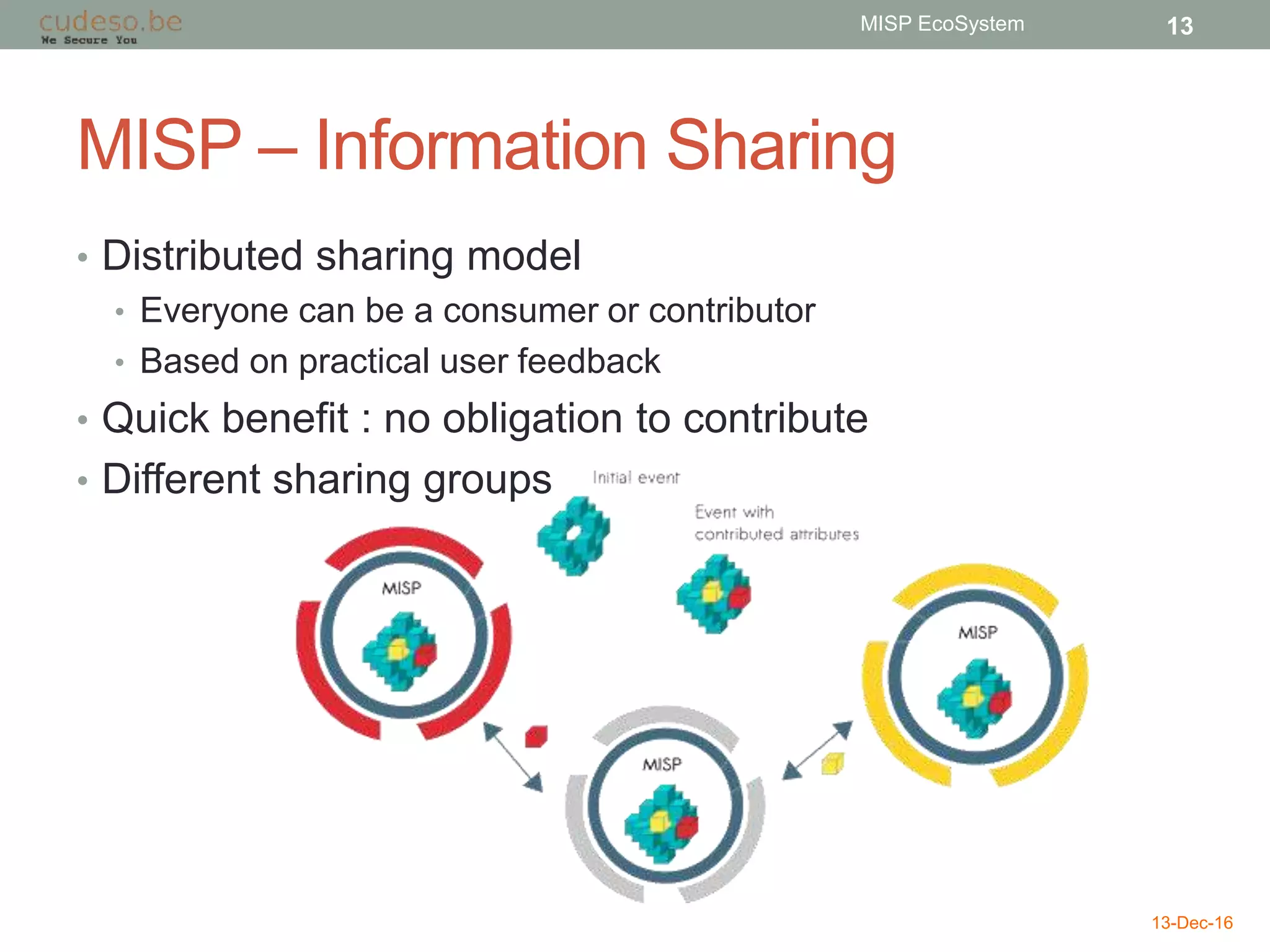 MISP – Information Sharing
• Distributed sharing model
• Everyone can be a consumer or contributor
• Based on practical user feedback
• Quick benefit : no obligation to contribute
• Different sharing groups
13-Dec-16
MISP EcoSystem 13
 