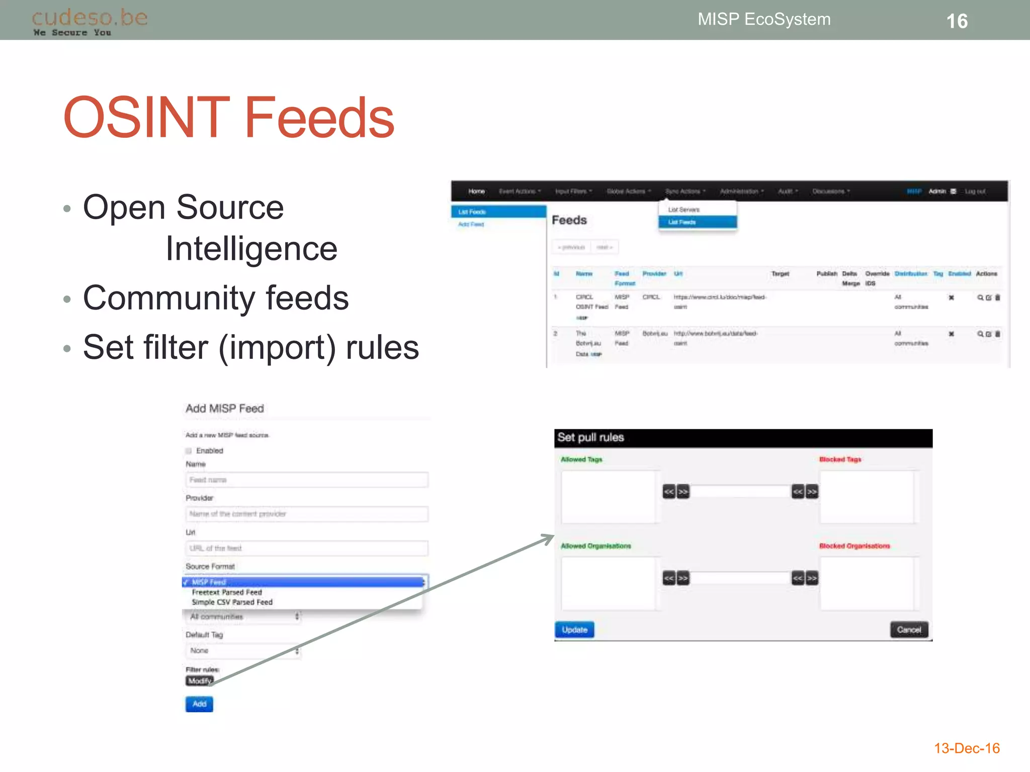 OSINT Feeds
• Open Source
Intelligence
• Community feeds
• Set filter (import) rules
13-Dec-16
MISP EcoSystem 16
 