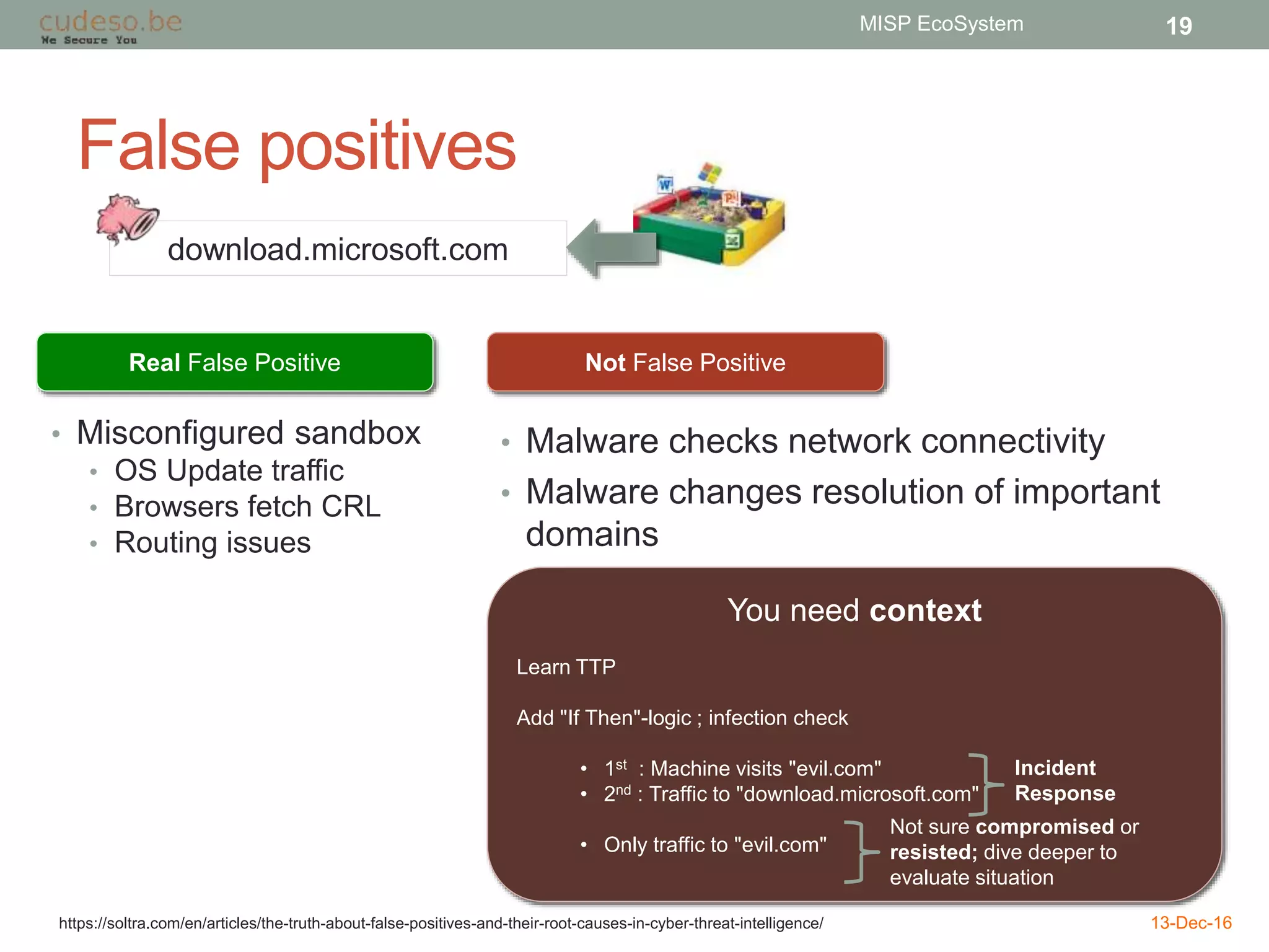 False positives
• Misconfigured sandbox
• OS Update traffic
• Browsers fetch CRL
• Routing issues
13-Dec-16
MISP EcoSystem 19
Real False Positive
You need context
Learn TTP
Add "If Then"-logic ; infection check
• 1st : Machine visits "evil.com"
• 2nd : Traffic to "download.microsoft.com"
• Only traffic to "evil.com"
• Malware checks network connectivity
• Malware changes resolution of important
domains
Not False Positive
download.microsoft.com
Incident
Response
Not sure compromised or
resisted; dive deeper to
evaluate situation
https://soltra.com/en/articles/the-truth-about-false-positives-and-their-root-causes-in-cyber-threat-intelligence/
 