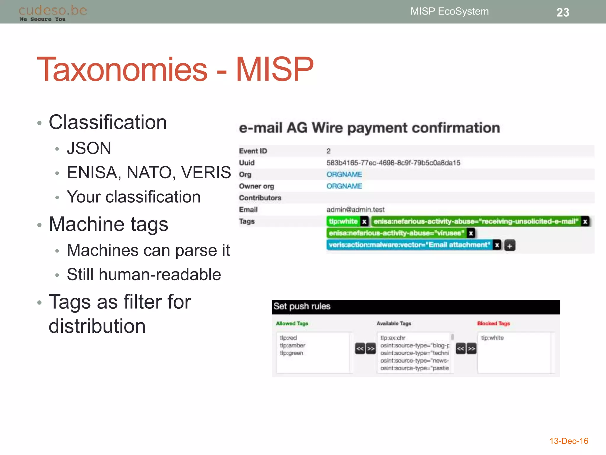 Taxonomies - MISP
• Classification
• JSON
• ENISA, NATO, VERIS
• Your classification
• Machine tags
• Machines can parse it
• Still human-readable
• Tags as filter for
distribution
13-Dec-16
MISP EcoSystem 23
 