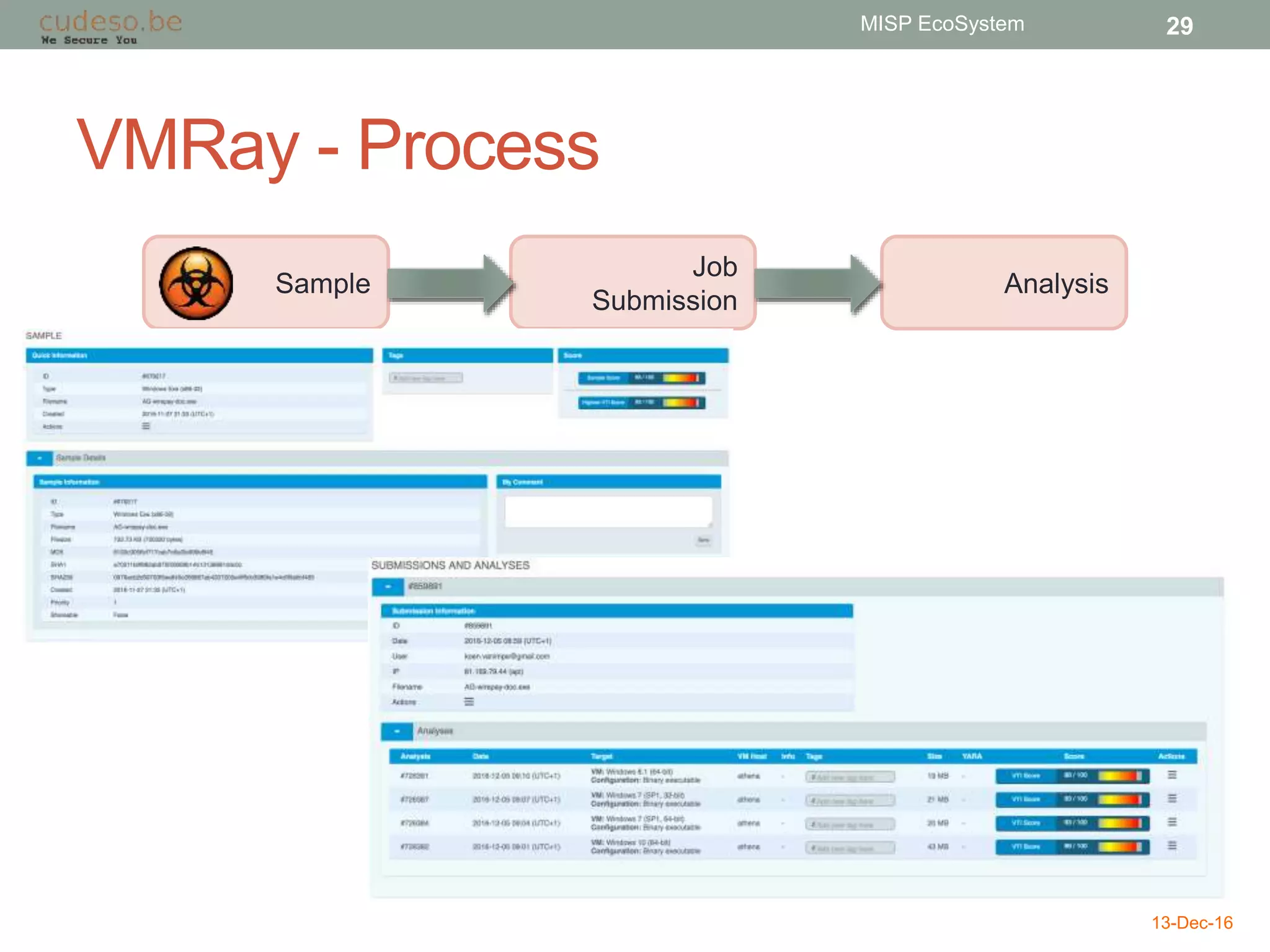 VMRay - Process
13-Dec-16
MISP EcoSystem 29
Sample
Job
Submission
Analysis
 