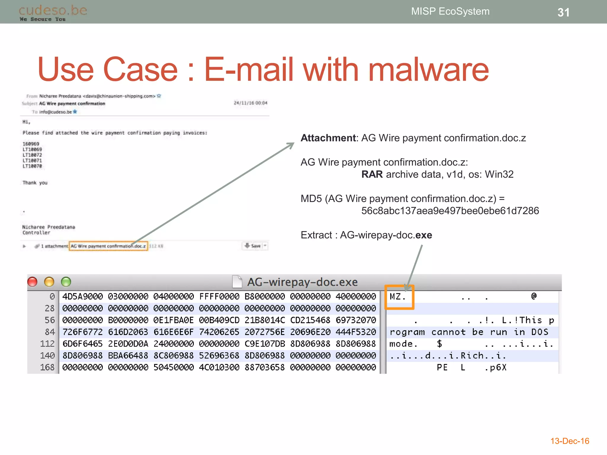 Use Case : E-mail with malware
13-Dec-16
MISP EcoSystem 31
Attachment: AG Wire payment confirmation.doc.z
AG Wire payment confirmation.doc.z:
RAR archive data, v1d, os: Win32
MD5 (AG Wire payment confirmation.doc.z) =
56c8abc137aea9e497bee0ebe61d7286
Extract : AG-wirepay-doc.exe
 