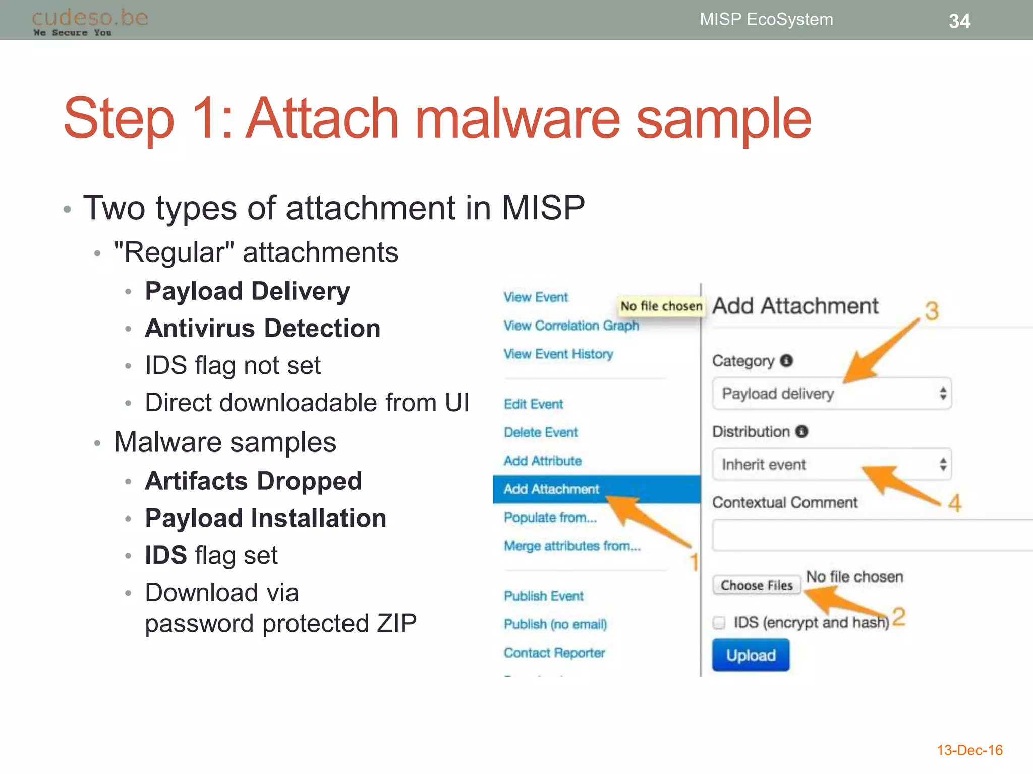 Step 1: Attach malware sample
• Two types of attachment in MISP
• "Regular" attachments
• Payload Delivery
• Antivirus Detection
• IDS flag not set
• Direct downloadable from UI
• Malware samples
• Artifacts Dropped
• Payload Installation
• IDS flag set
• Download via
password protected ZIP
13-Dec-16
MISP EcoSystem 34
 