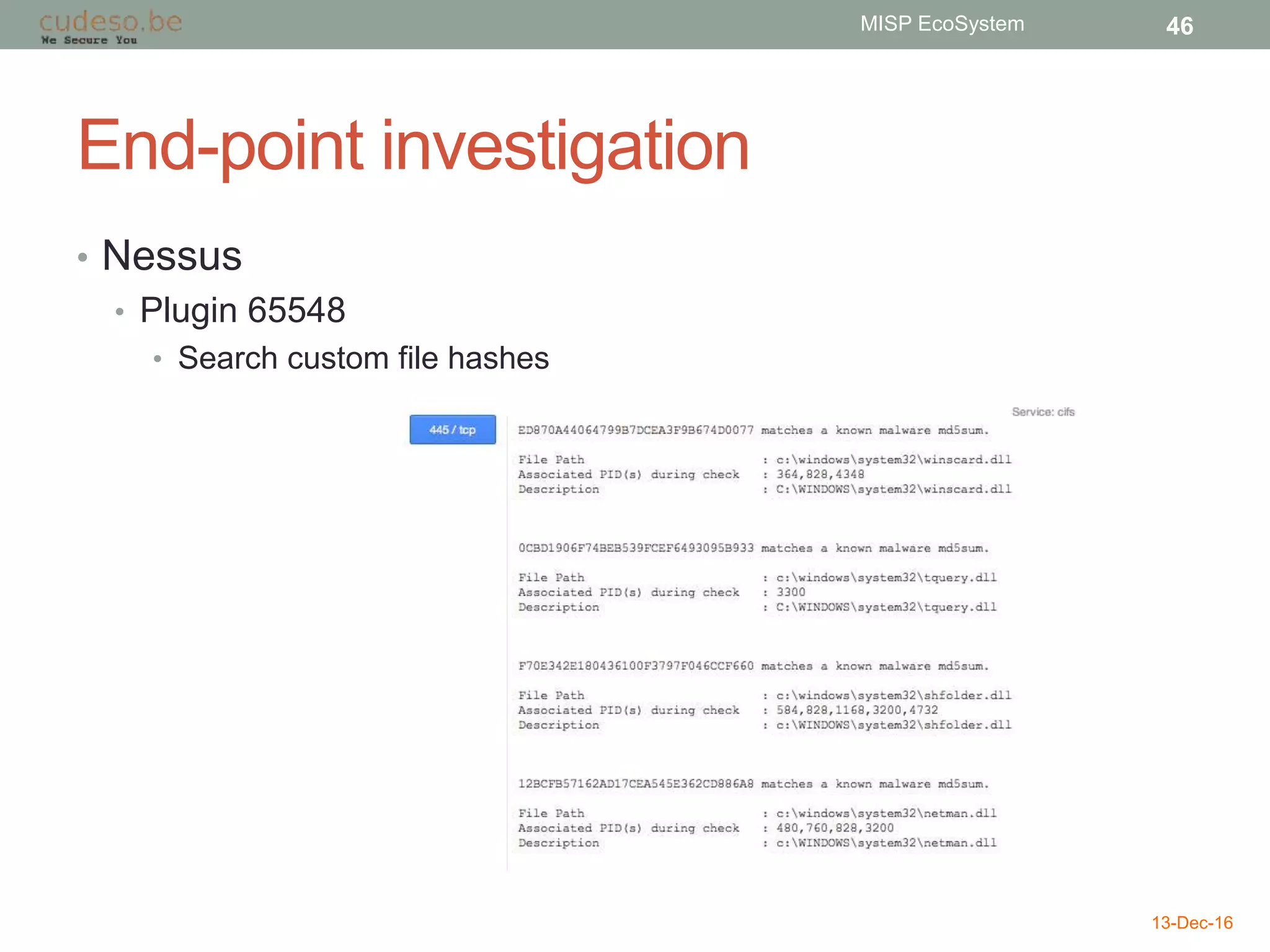 End-point investigation
• Nessus
• Plugin 65548
• Search custom file hashes
13-Dec-16
MISP EcoSystem 46
 