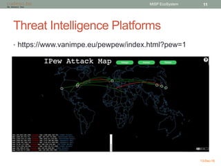 Threat Intelligence Platforms
• https://www.vanimpe.eu/pewpew/index.html?pew=1
13-Dec-16
MISP EcoSystem 11
 