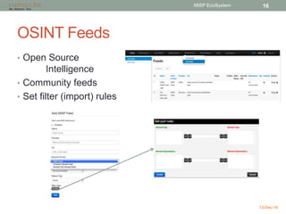 OSINT Feeds
• Open Source
Intelligence
• Community feeds
• Set filter (import) rules
13-Dec-16
MISP EcoSystem 16
 