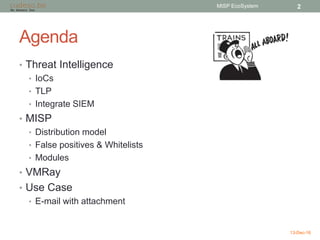 Agenda
• Threat Intelligence
• IoCs
• TLP
• Integrate SIEM
• MISP
• Distribution model
• False positives & Whitelists
• Modules
• VMRay
• Use Case
• E-mail with attachment
13-Dec-16
MISP EcoSystem 2
 