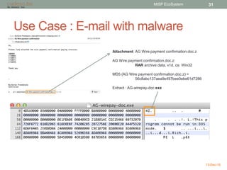 Use Case : E-mail with malware
13-Dec-16
MISP EcoSystem 31
Attachment: AG Wire payment confirmation.doc.z
AG Wire payment confirmation.doc.z:
RAR archive data, v1d, os: Win32
MD5 (AG Wire payment confirmation.doc.z) =
56c8abc137aea9e497bee0ebe61d7286
Extract : AG-wirepay-doc.exe
 
