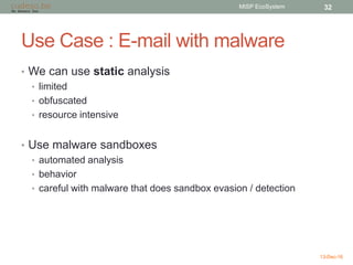 Use Case : E-mail with malware
• We can use static analysis
• limited
• obfuscated
• resource intensive
• Use malware sandboxes
• automated analysis
• behavior
• careful with malware that does sandbox evasion / detection
13-Dec-16
MISP EcoSystem 32
 