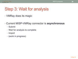 Step 3: Wait for analysis
• VMRay does its magic
• Current MISP-VMRay connector is asynchronous
• Submit
• Wait for analysis to complete
• Import
• (work in progress)
13-Dec-16
MISP EcoSystem 38
 