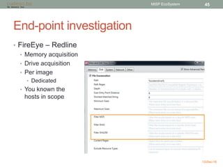End-point investigation
• FireEye – Redline
• Memory acquisition
• Drive acquisition
• Per image
• Dedicated
• You known the
hosts in scope
13-Dec-16
MISP EcoSystem 45
 